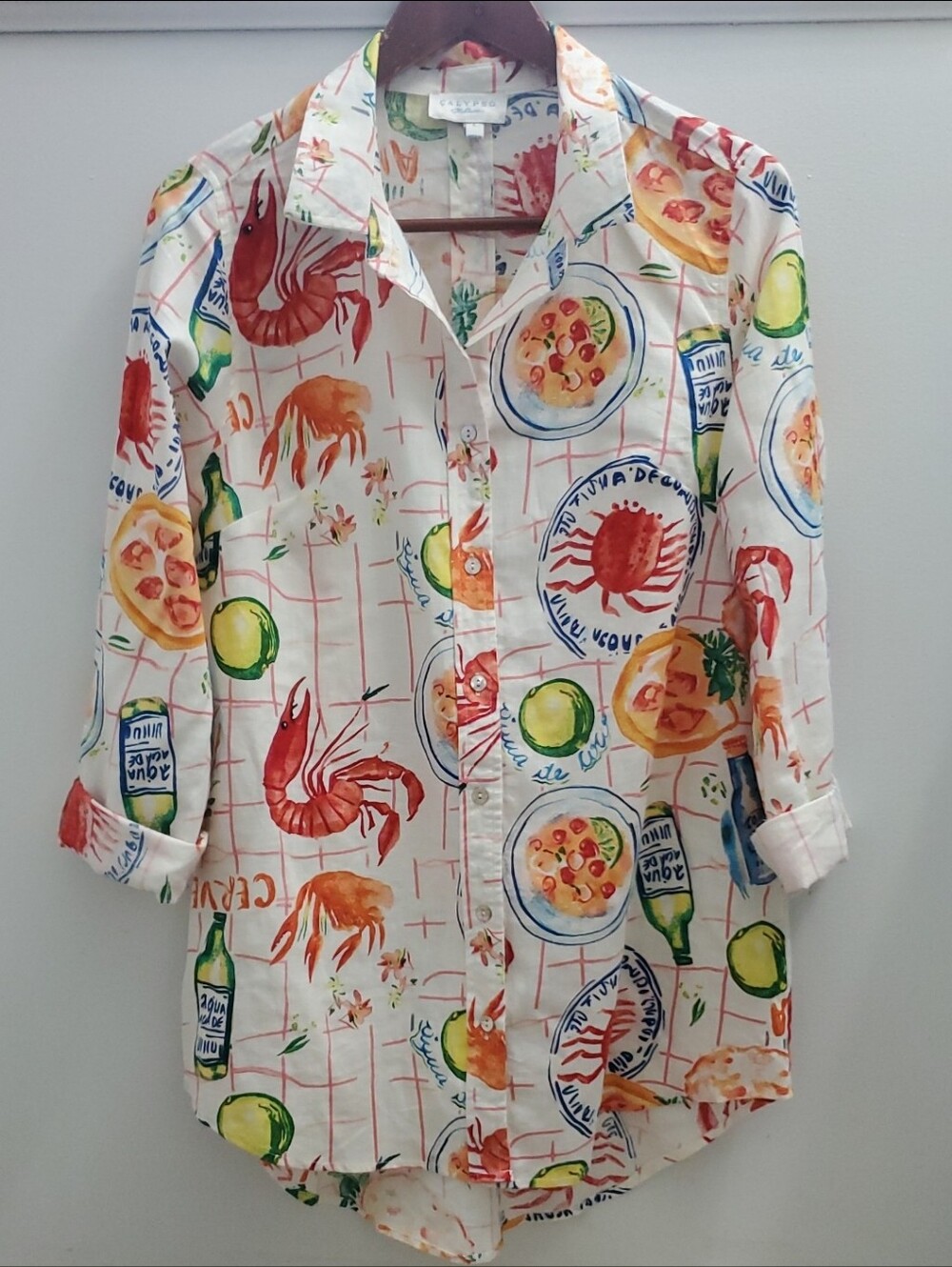 Calypso St. Barth Novelty Print Button Up Linen Blend Size Large Pizza Shrimp